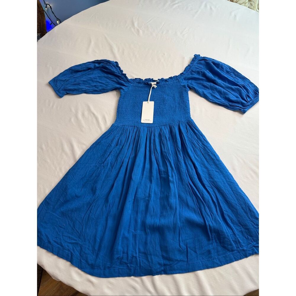 KOY Resort Women’s Small Blue Off Shoulder Smocked Midi Dress Puff Sleeve NWT